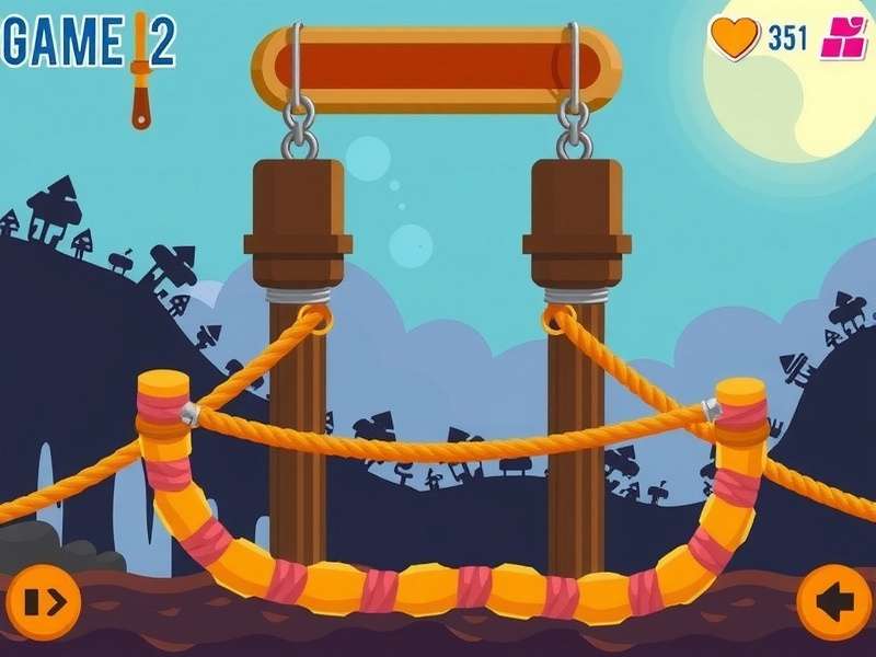 Complex Cut the Rope level showing a chain reaction with ropes, bubbles, and bells