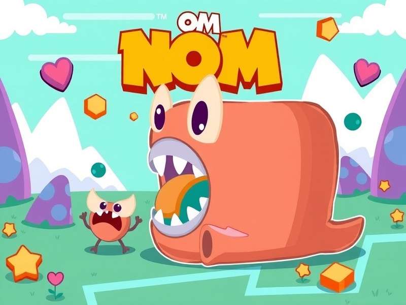 Om Nom happily eating a star-shaped candy with ropes in the background