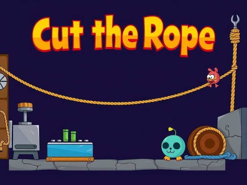 Om Nom happily eating candy in Cut the Rope game with multiple ropes and bubbles