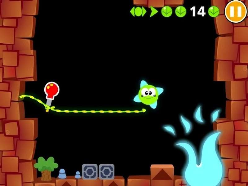 Screenshot of Cut The Rope Magic Gamepix showing Om Nom in a magical level