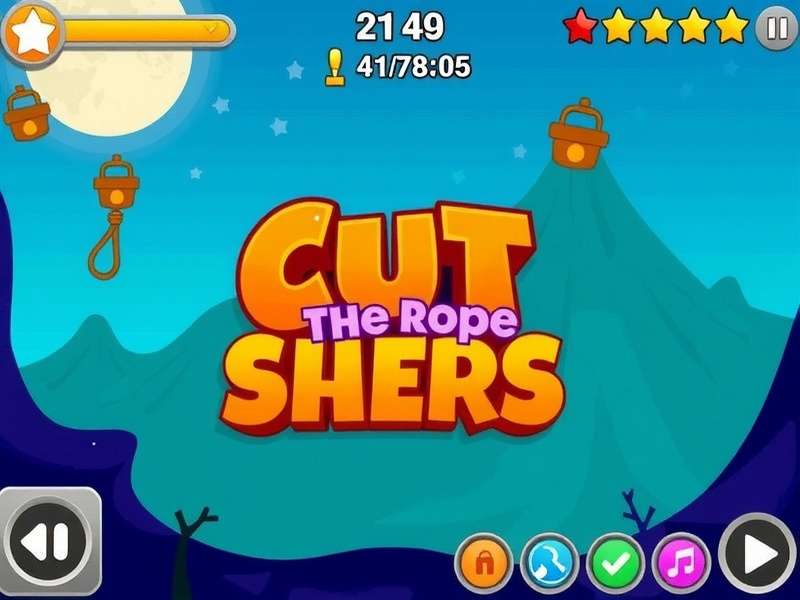 Gameplay screenshot of Cut The Rope Magic level 4-15 showing Om Nom, ropes, and stars