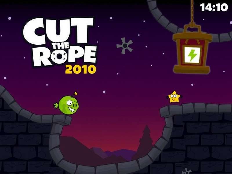 Original Cut The Rope 2010 gameplay screenshot showing Om Nom and dangling candy