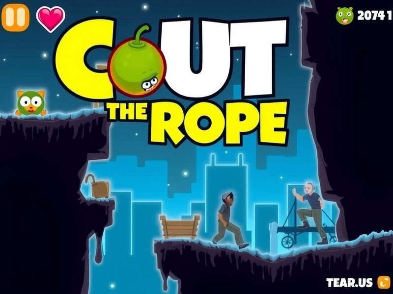 Gameplay screenshot of Cut The Rope 2014 showing complex rope and bubble mechanics
