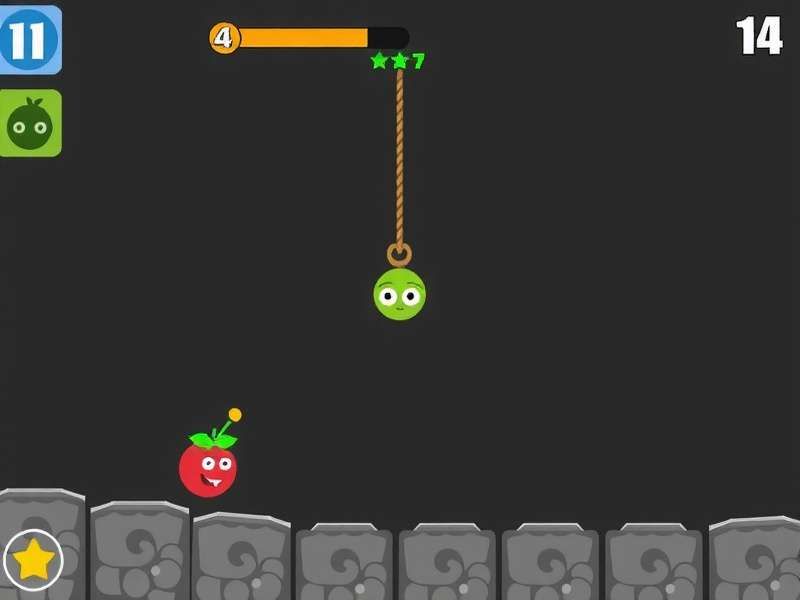 Cut The Rope 2 level 14 gameplay screenshot showing Om Nom and ropes