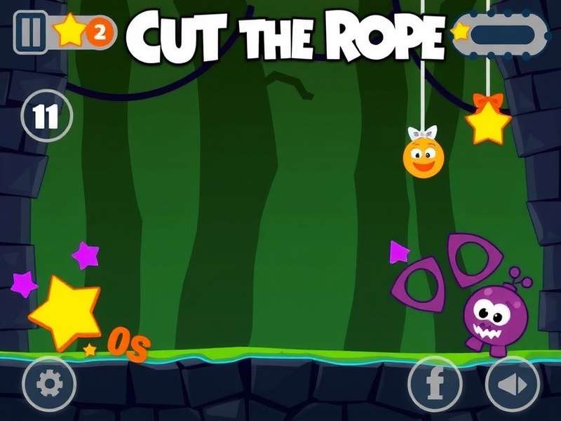 Close-up of a smartphone displaying a intricate Cut The Rope Magic level with multiple ropes and stars