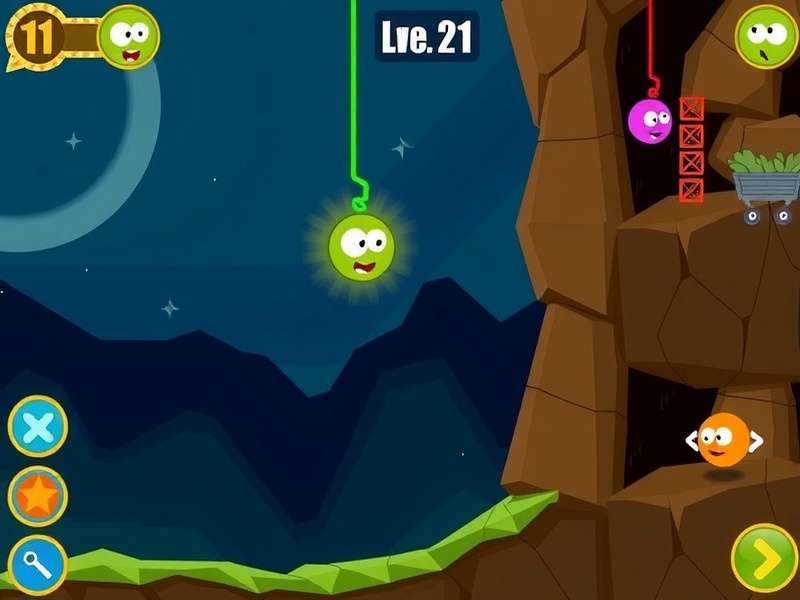 Cut The Rope 2 Level 21 gameplay screenshot showing Om Nom and candy arrangement