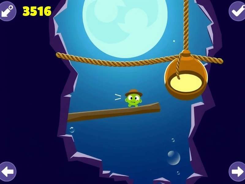 Om Nom from Cut The Rope happily eating a piece of candy