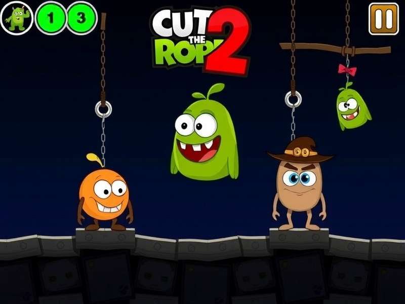 Full lineup of Cut The Rope 2 characters including Roto, Lick, Blue, Toss, Boo, and Snailbrow