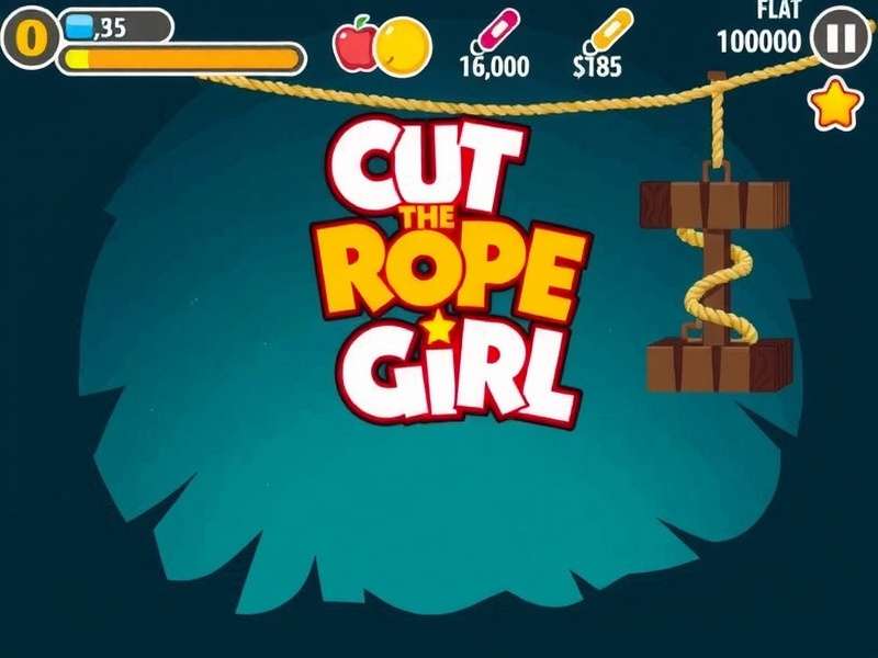 In-game screenshot showing the girl's finger cutting a rope to feed Om Nom
