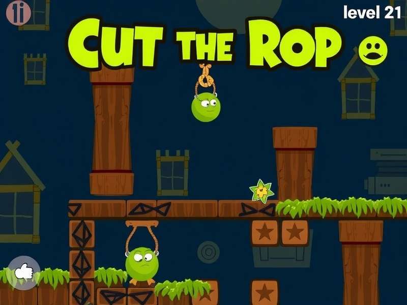 Cut The Rope Level 21 pendulum layout showing candy, two ropes, three stars, and Om Nom