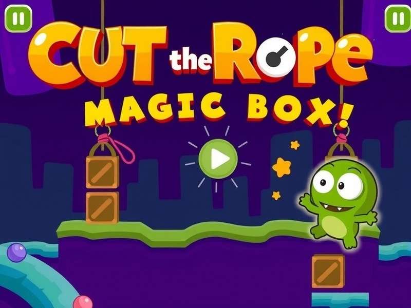 Cut The Rope Magic Box Level 25 gameplay screenshot showing rope puzzle with Om Nom and three stars
