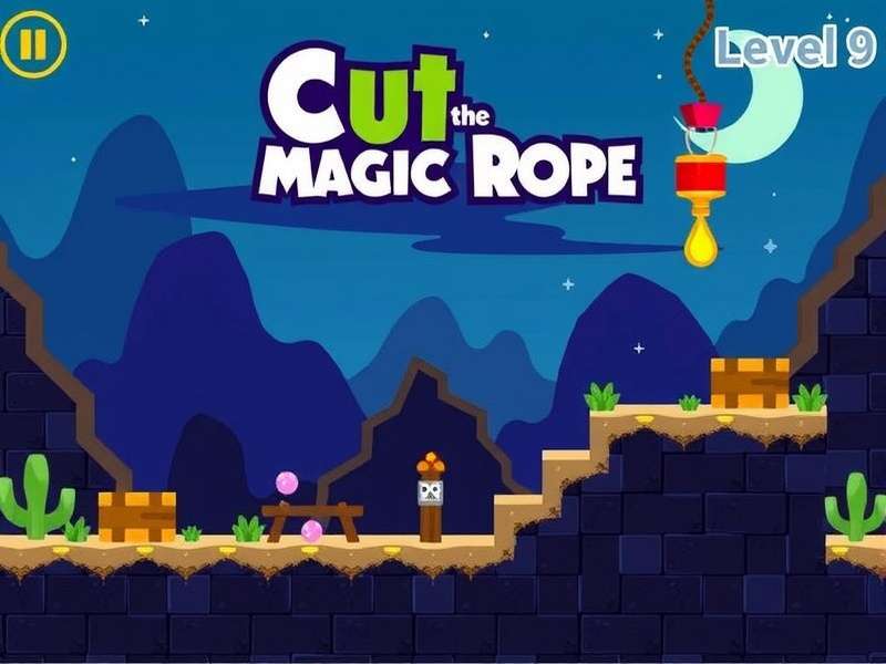 Cut The Rope Magic Box Level 9 gameplay screenshot showing Om Nom and the intricate rope puzzle