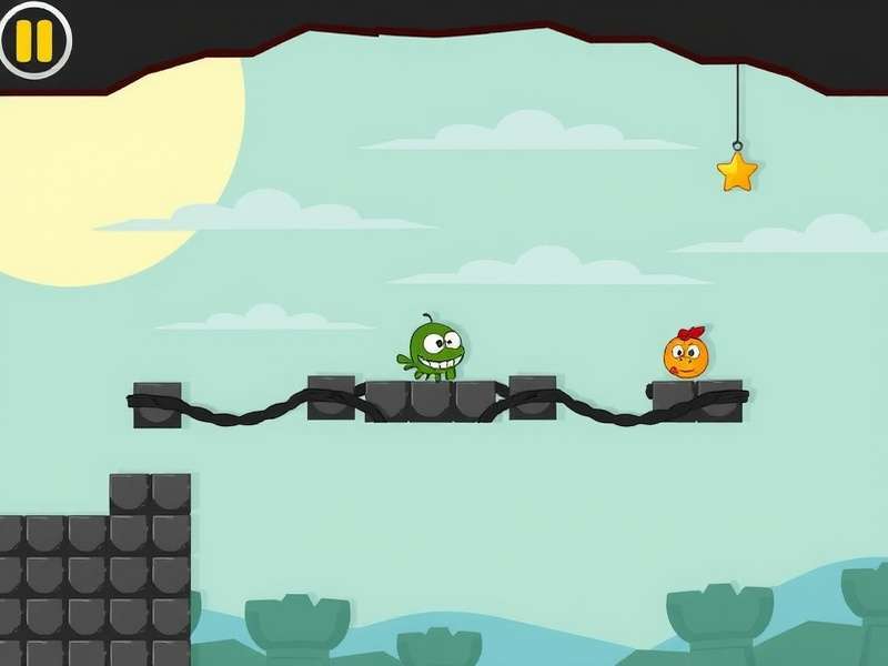 Cut the Rope game scene showing Om Nom with candy and ropes in a lush green environment