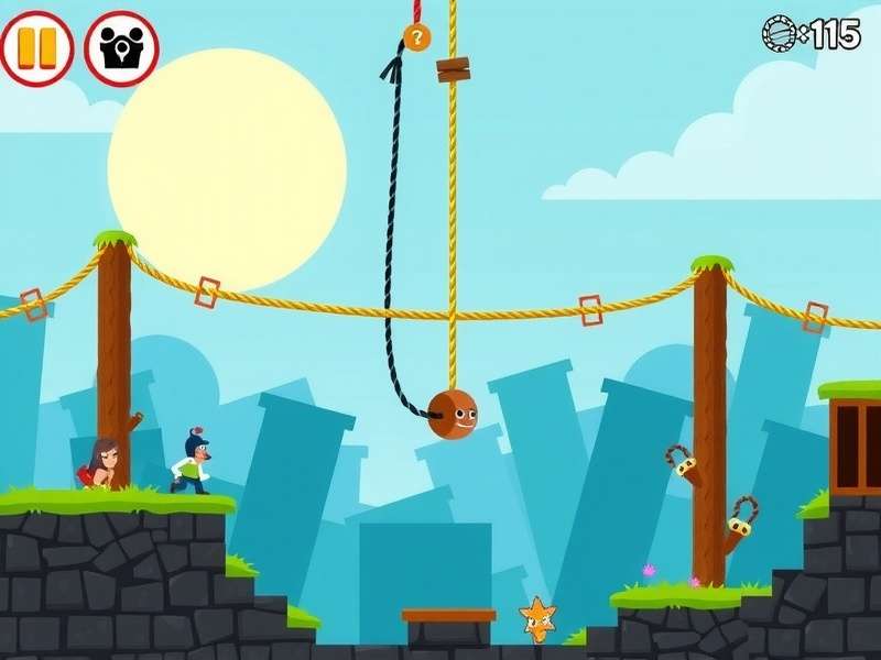 Cut The Rope 2-15 level overview with Om Nom, ropes, candy, and cardboard box environment
