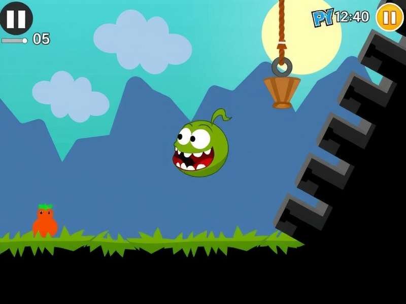 Cut The Rope Guy Om Nom character holding a candy with ropes in the background