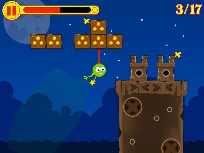 Cut The Rope Remastered 3-17 level screenshot showing Om Nom, candy, and complex rope layout