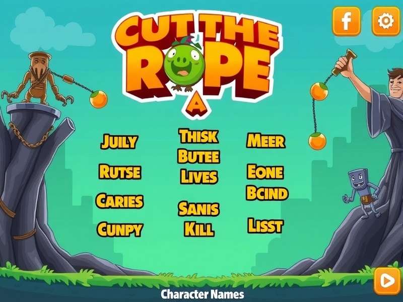 Cut The Rope character names collage featuring Om Nom, Norma, Professor, and other characters