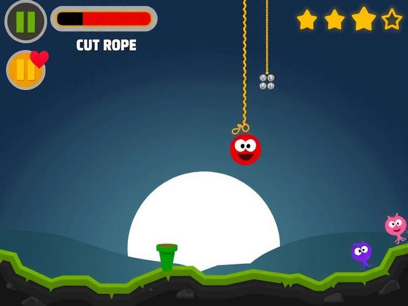 Cut the Rope game featuring Om Nom reaching for candy with ropes and bubbles