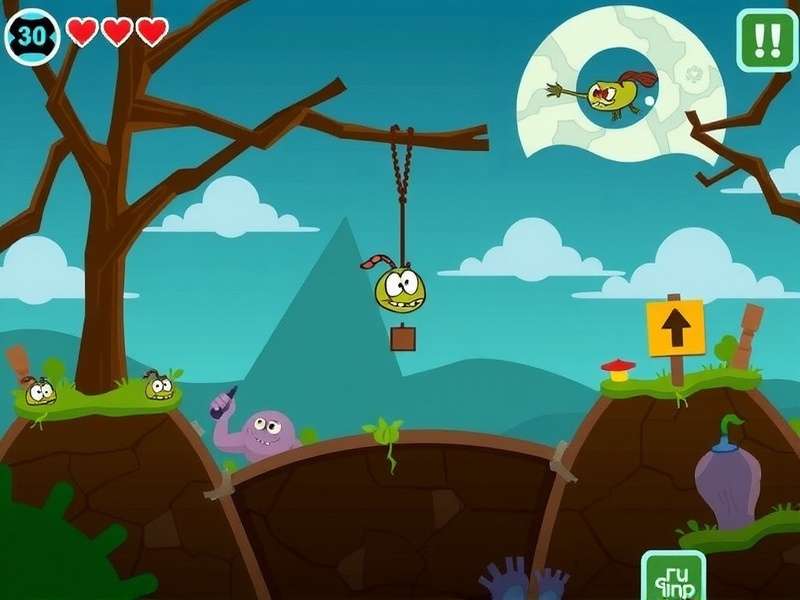 Cut The Rope Crazy Games — Om Nom in a chaotic rope puzzle with stars and candy