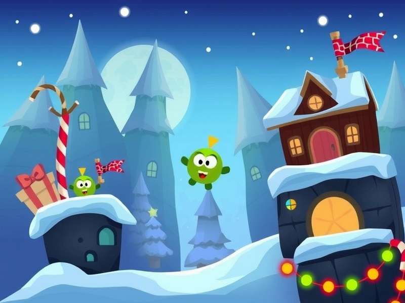 Cut The Rope Holiday Gift featuring Om Nom with festive decorations and candy ropes
